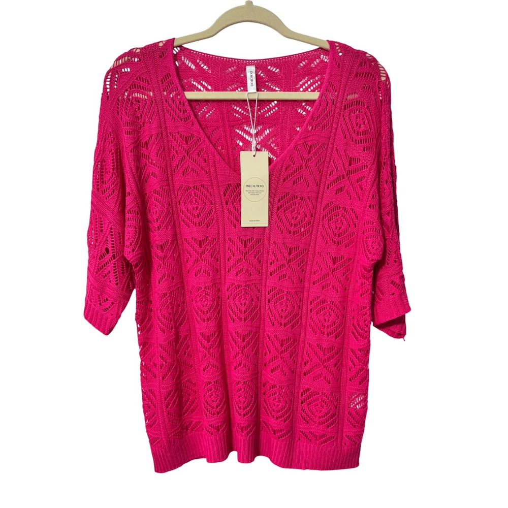 Dokotoo Womens Hot Pink Crochet Knit V-Neck 3/4 Sleeve Relaxed Sweater Large NEW - Picture 2 of 8